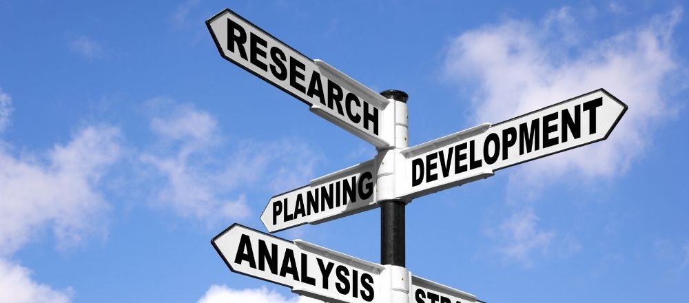 Signpost pointing the way to research and development and analysis and planning and strategy