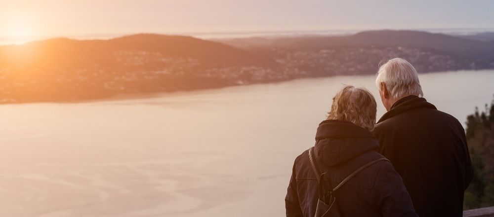 Elderly couple looking at the sunset